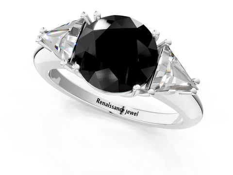 White gold Three-Stone Fancy Black Round Cut Cut Diamond Ring with Trillion Side Stones and Four-Prong Setting_12