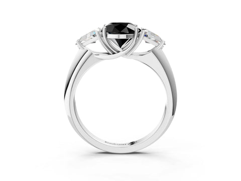 White gold Three-Stone Fancy Black Round Cut Cut Diamond Ring with Trillion Side Stones and Four-Prong Setting_14