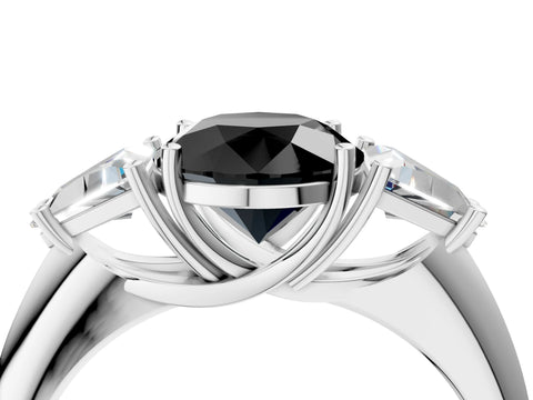 White gold Three-Stone Fancy Black Round Cut Cut Diamond Ring with Trillion Side Stones and Four-Prong Setting_15