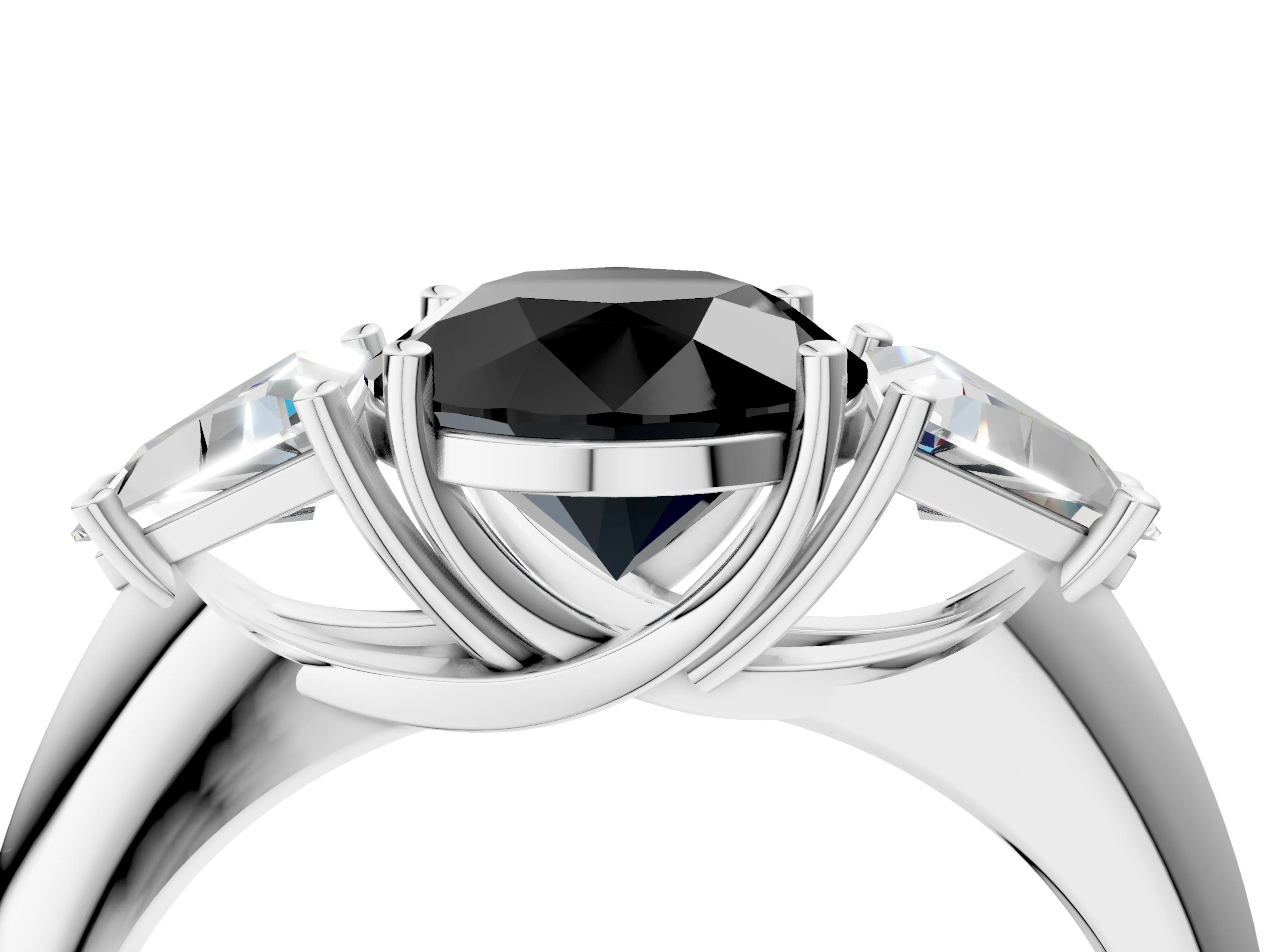 White gold Three-Stone Fancy Black Round Cut Cut Diamond Ring with Trillion Side Stones and Four-Prong Setting_15