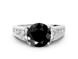 White gold Three-Stone Fancy Black Round Cut Cut Diamond Ring with Trillion Side Stones on a Split Shank Band