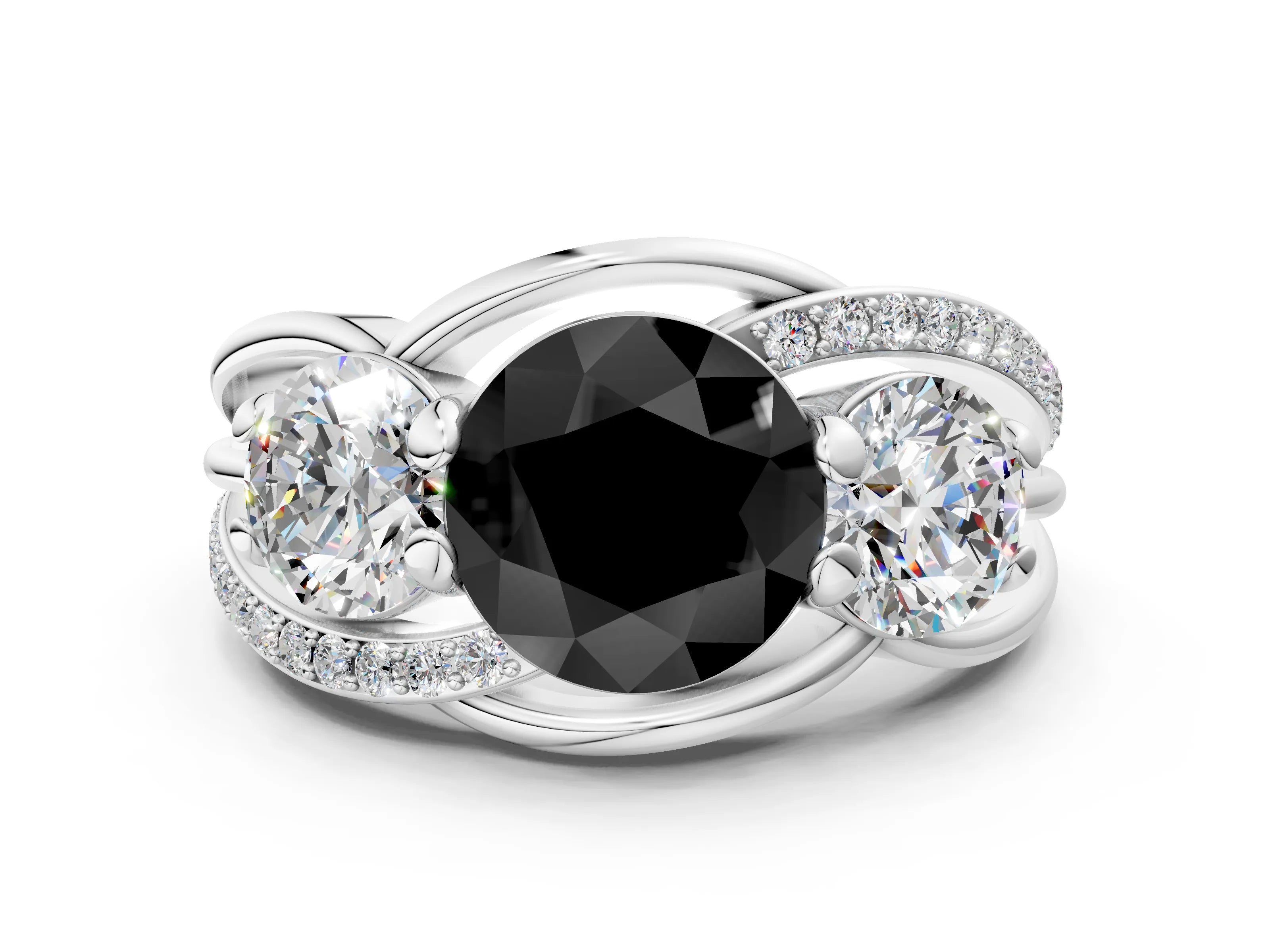 White gold Three-Stone Fancy Black Round Cut Cut Diamond Split Shank Prong Set Ring_12