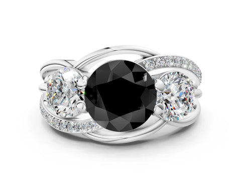 White gold Three-Stone Fancy Black Round Cut Cut Diamond Split Shank Prong Set Ring_12