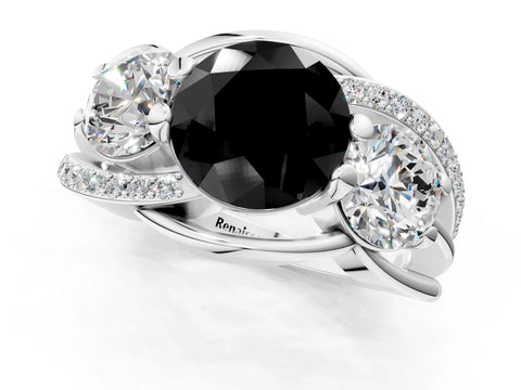 White gold Three-Stone Fancy Black Round Cut Cut Diamond Split Shank Prong Set Ring_13