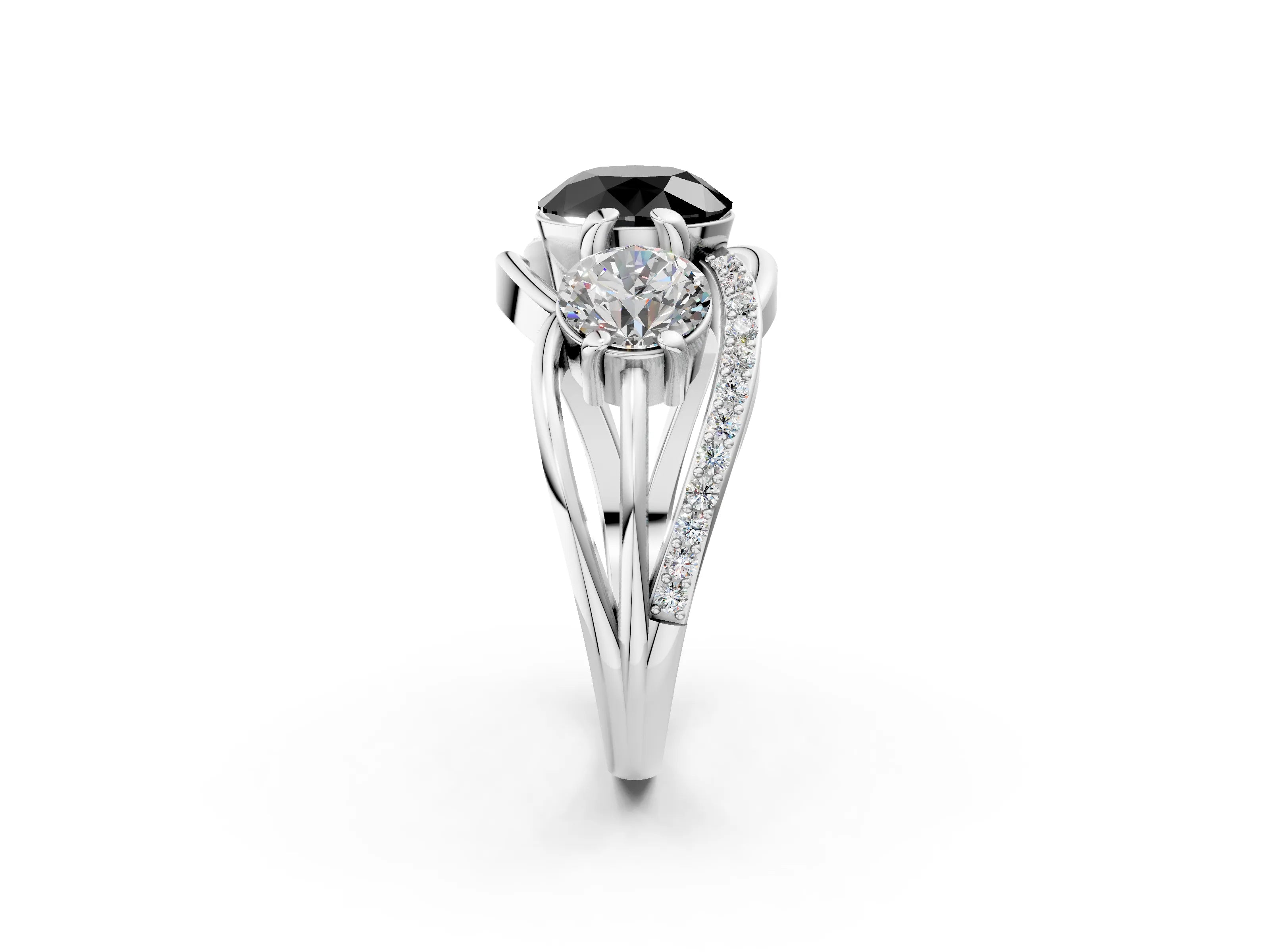 White gold Three-Stone Fancy Black Round Cut Cut Diamond Split Shank Prong Set Ring_14