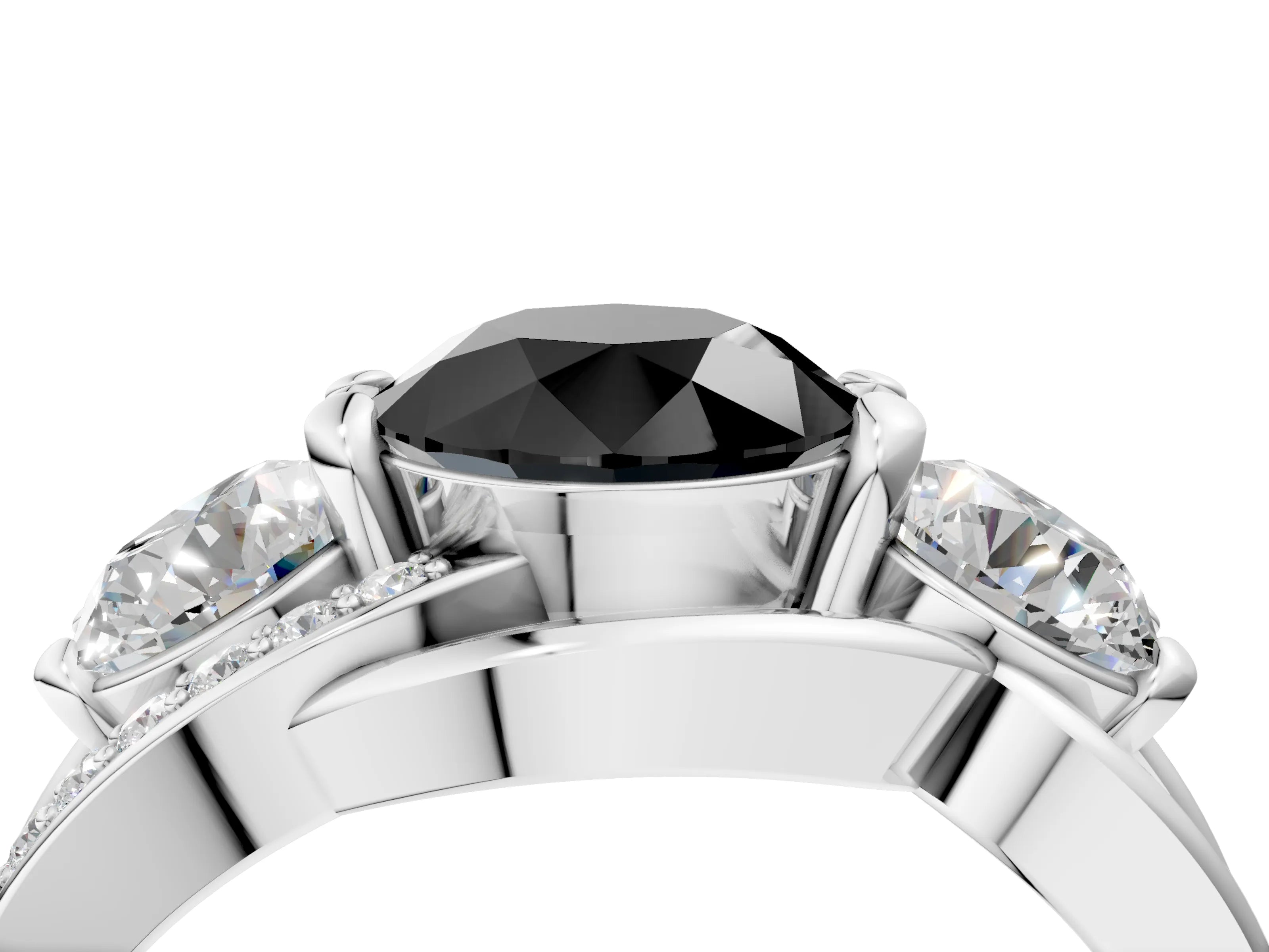 White gold Three-Stone Fancy Black Round Cut Cut Diamond Split Shank Prong Set Ring_16