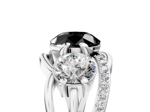 White gold Three-Stone Fancy Black Round Cut Cut Diamond Split Shank Prong Set Ring_17