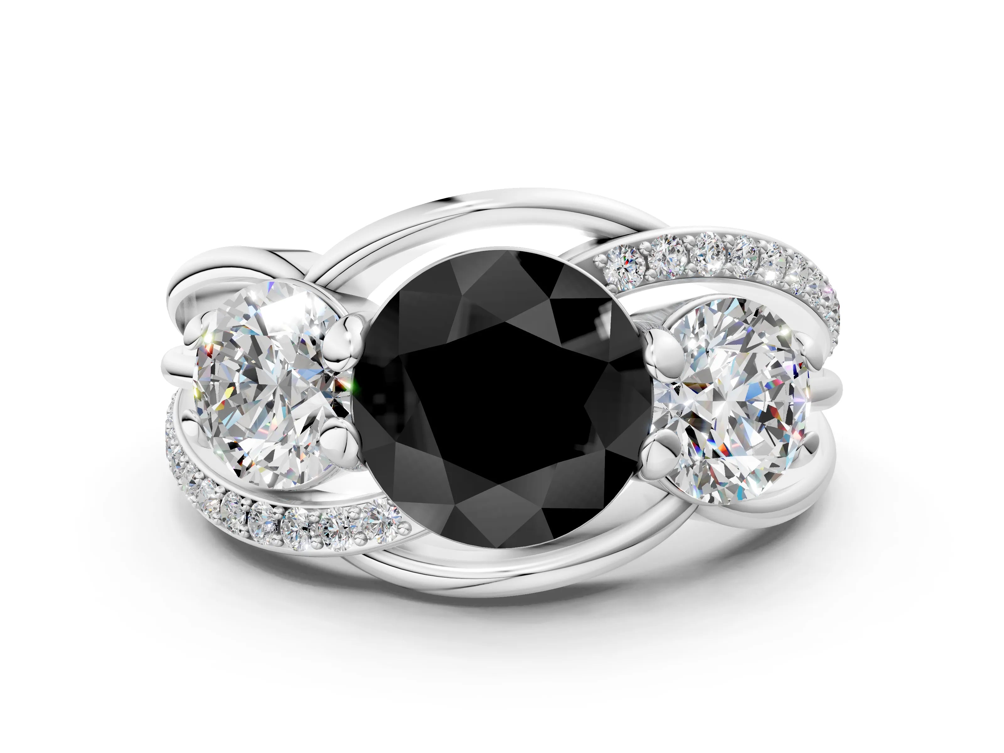 White gold Three-Stone Fancy Black Round Cut Cut Diamond Split Shank Prong Set Ring_18