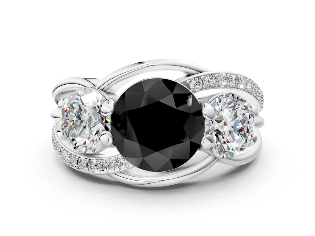 White gold Three-Stone Fancy Black Round Cut Cut Diamond Split Shank Prong Set Ring_18
