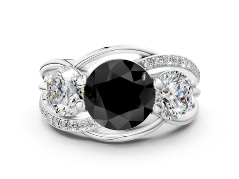 White gold Three-Stone Fancy Black Round Cut Cut Diamond Split Shank Prong Set Ring_18