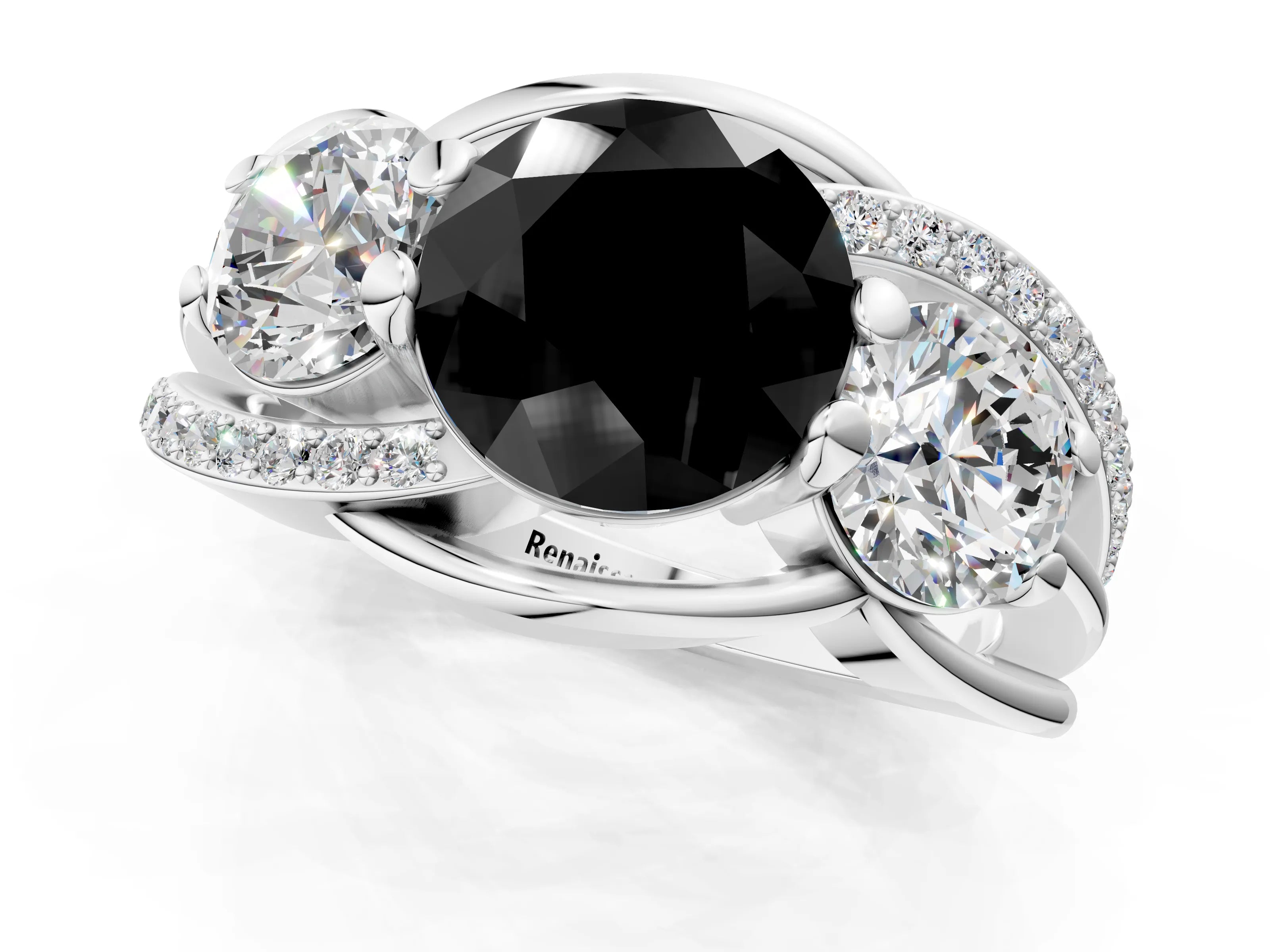 White gold Three-Stone Fancy Black Round Cut Cut Diamond Split Shank Prong Set Ring_19