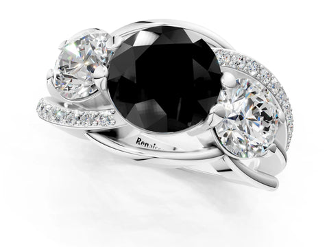 White gold Three-Stone Fancy Black Round Cut Cut Diamond Split Shank Prong Set Ring_1