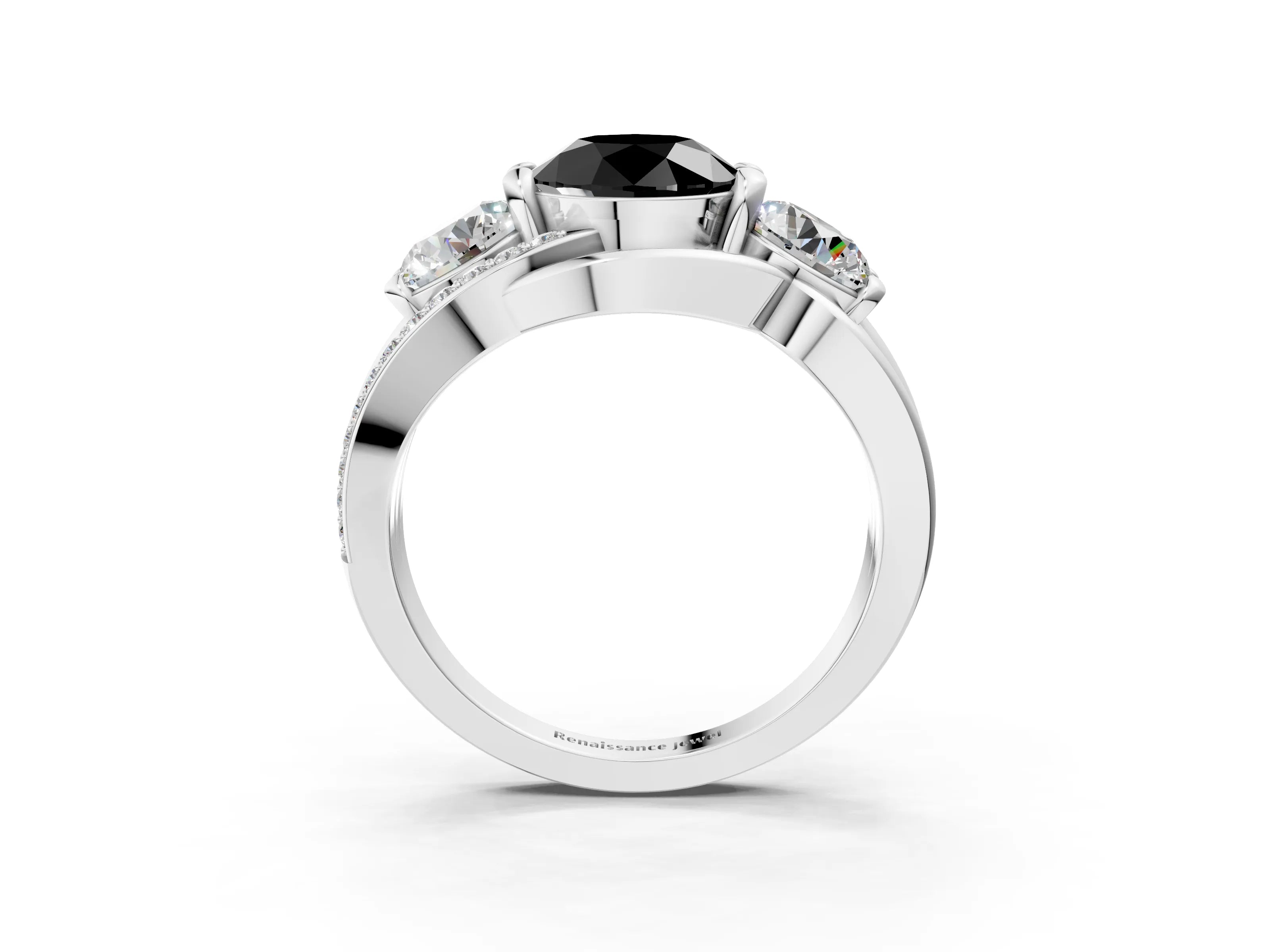 White gold Three-Stone Fancy Black Round Cut Cut Diamond Split Shank Prong Set Ring_21
