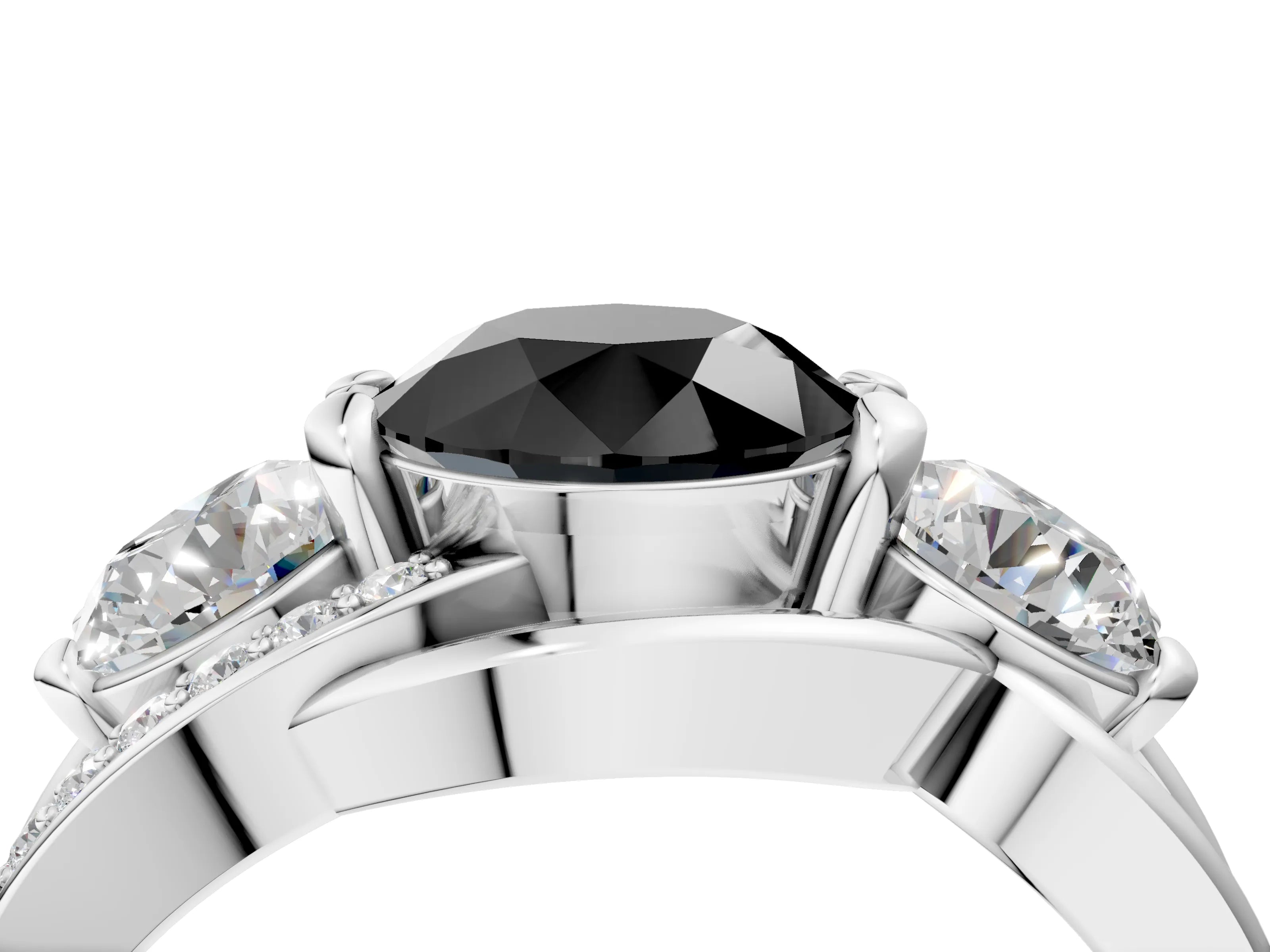 White gold Three-Stone Fancy Black Round Cut Cut Diamond Split Shank Prong Set Ring_22