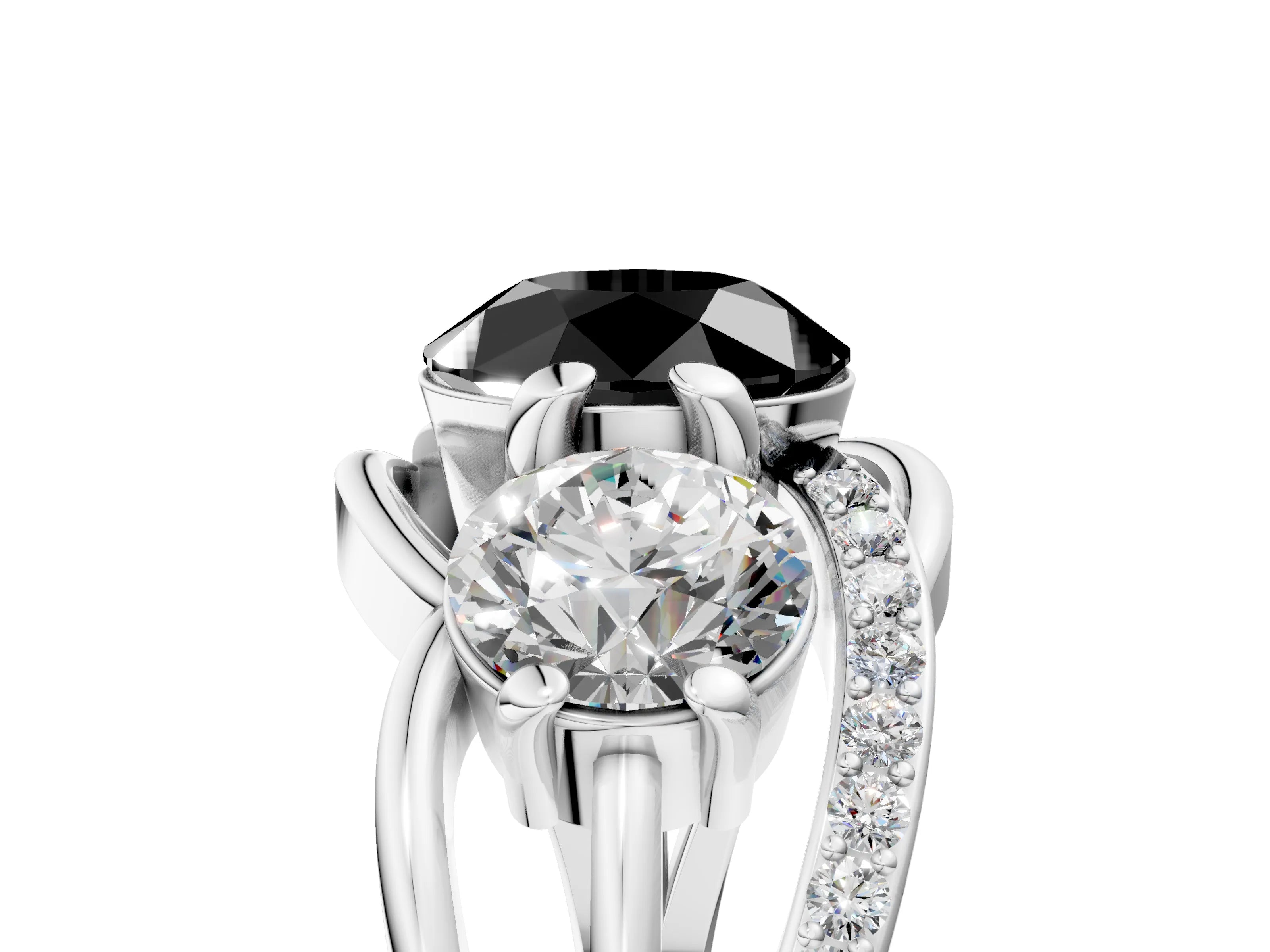 White gold Three-Stone Fancy Black Round Cut Cut Diamond Split Shank Prong Set Ring_23