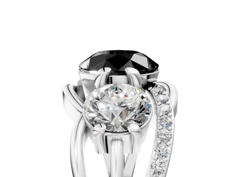 White gold Three-Stone Fancy Black Round Cut Cut Diamond Split Shank Prong Set Ring_23
