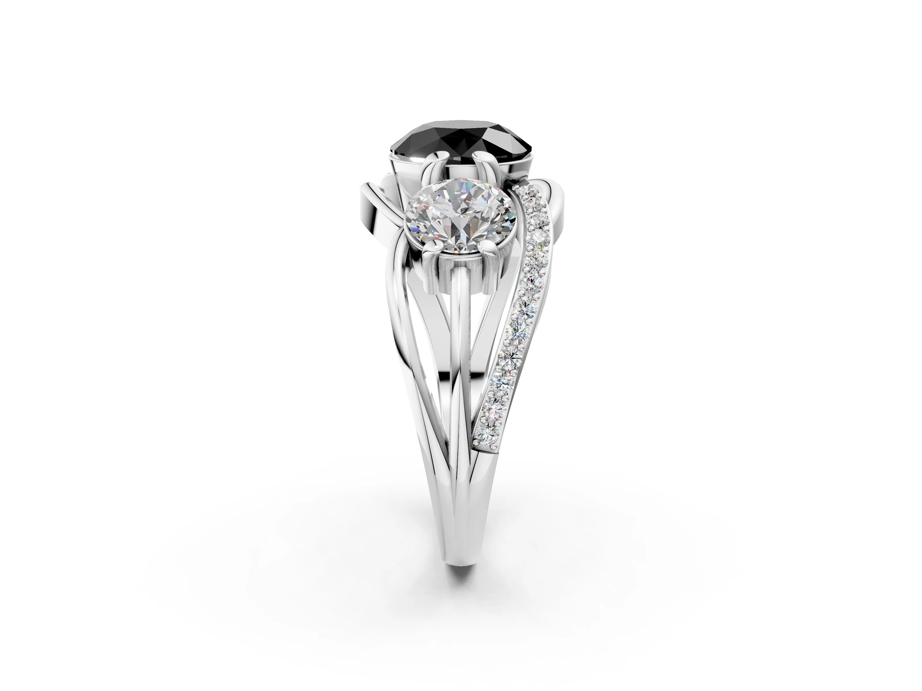 White gold Three-Stone Fancy Black Round Cut Cut Diamond Split Shank Prong Set Ring_26