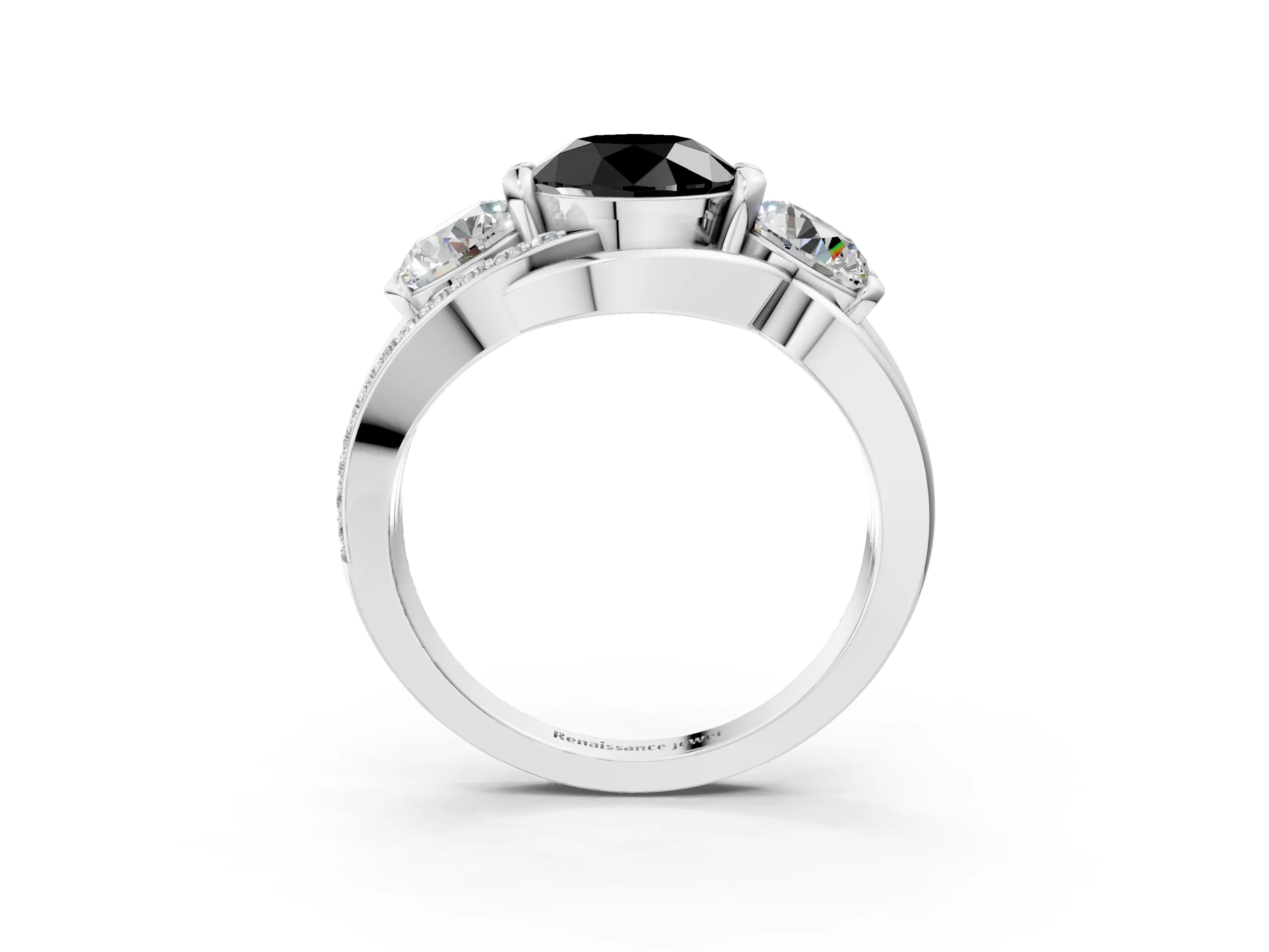White gold Three-Stone Fancy Black Round Cut Cut Diamond Split Shank Prong Set Ring_3