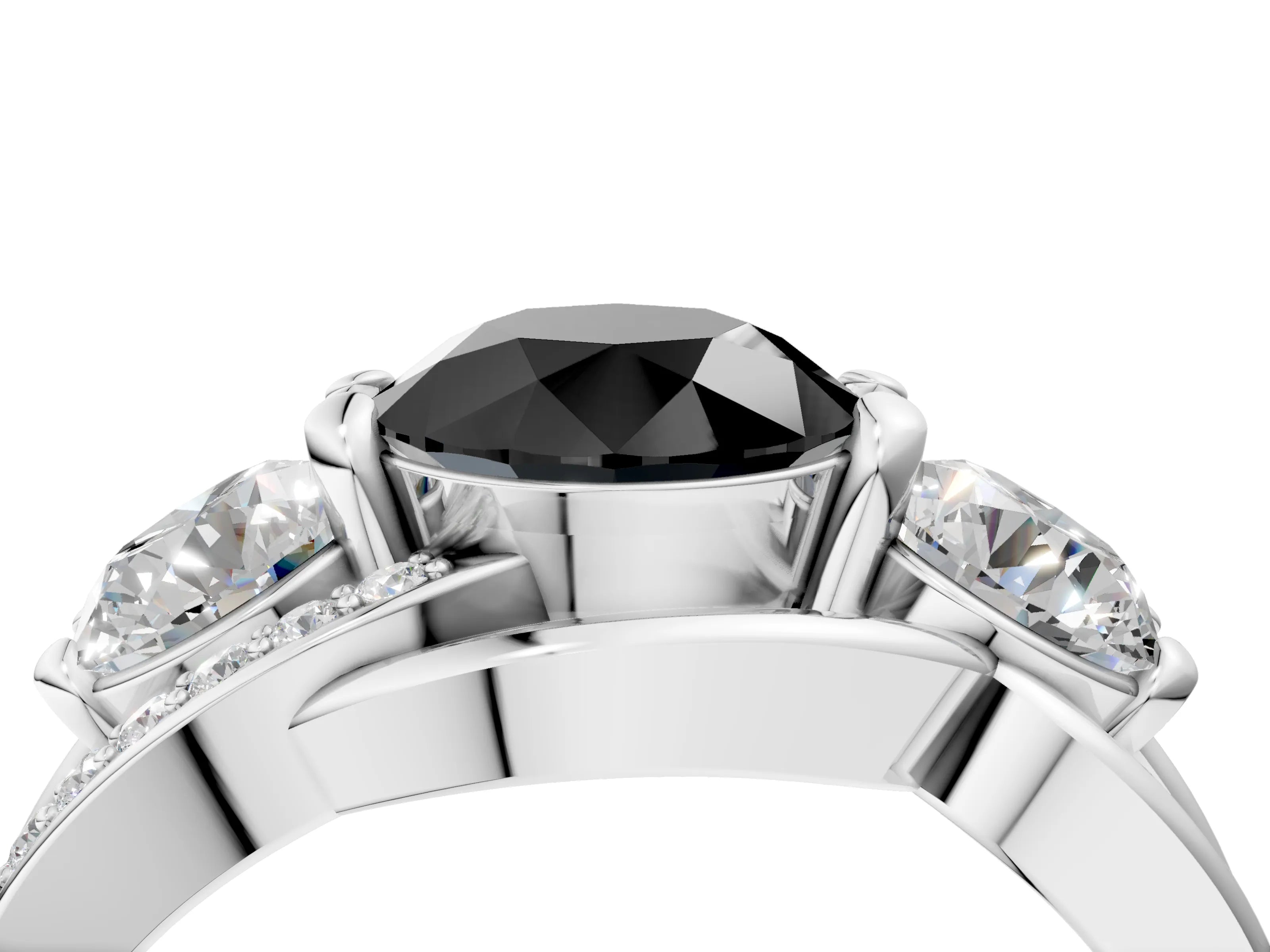 White gold Three-Stone Fancy Black Round Cut Cut Diamond Split Shank Prong Set Ring_4