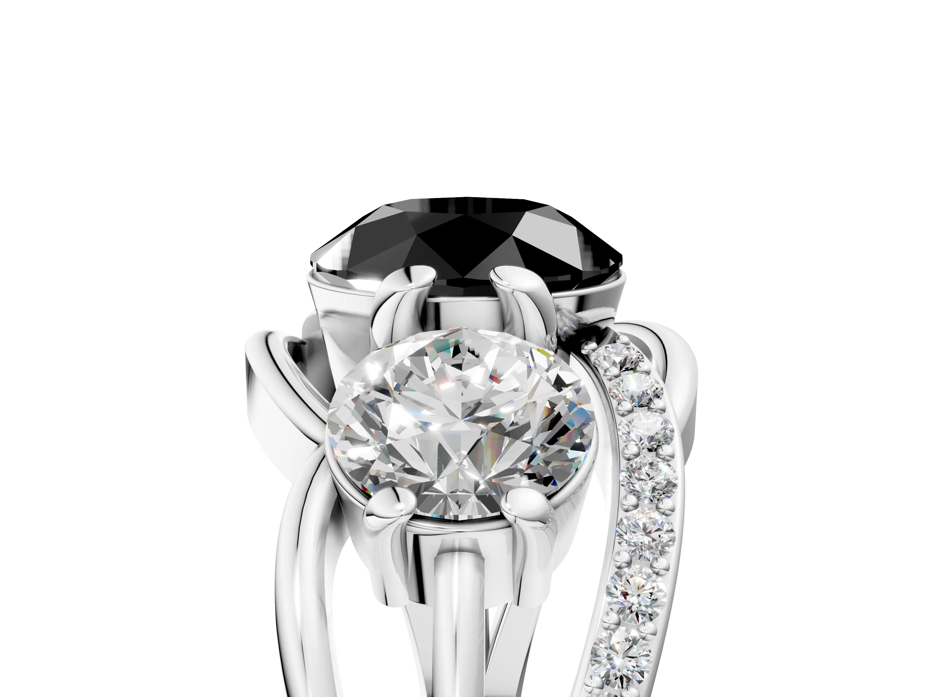 White gold Three-Stone Fancy Black Round Cut Cut Diamond Split Shank Prong Set Ring_5