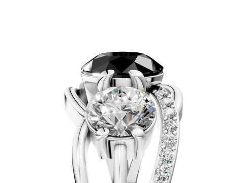 White gold Three-Stone Fancy Black Round Cut Cut Diamond Split Shank Prong Set Ring_5