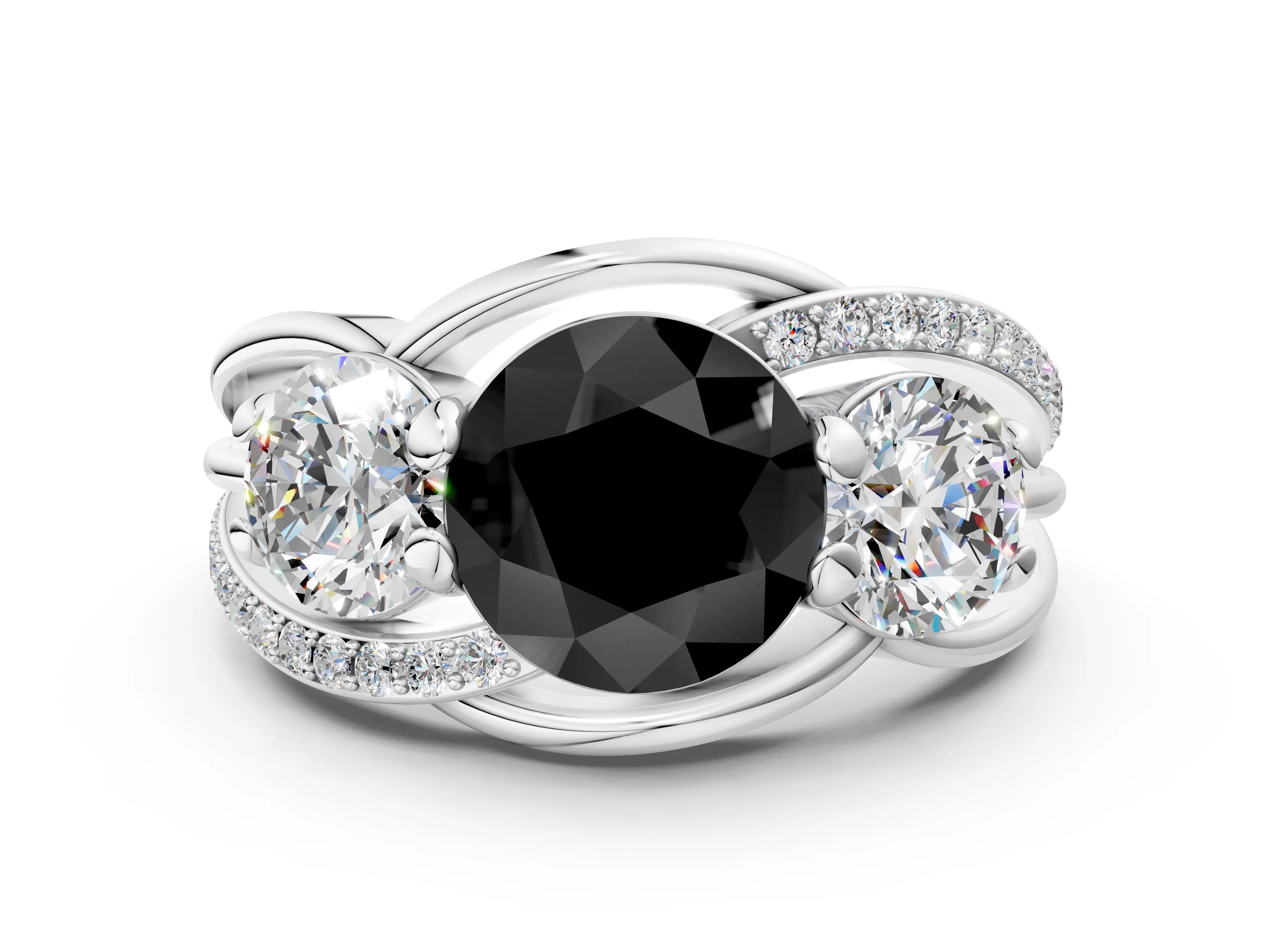 White gold Three-Stone Fancy Black Round Cut Cut Diamond Split Shank Prong Set Ring