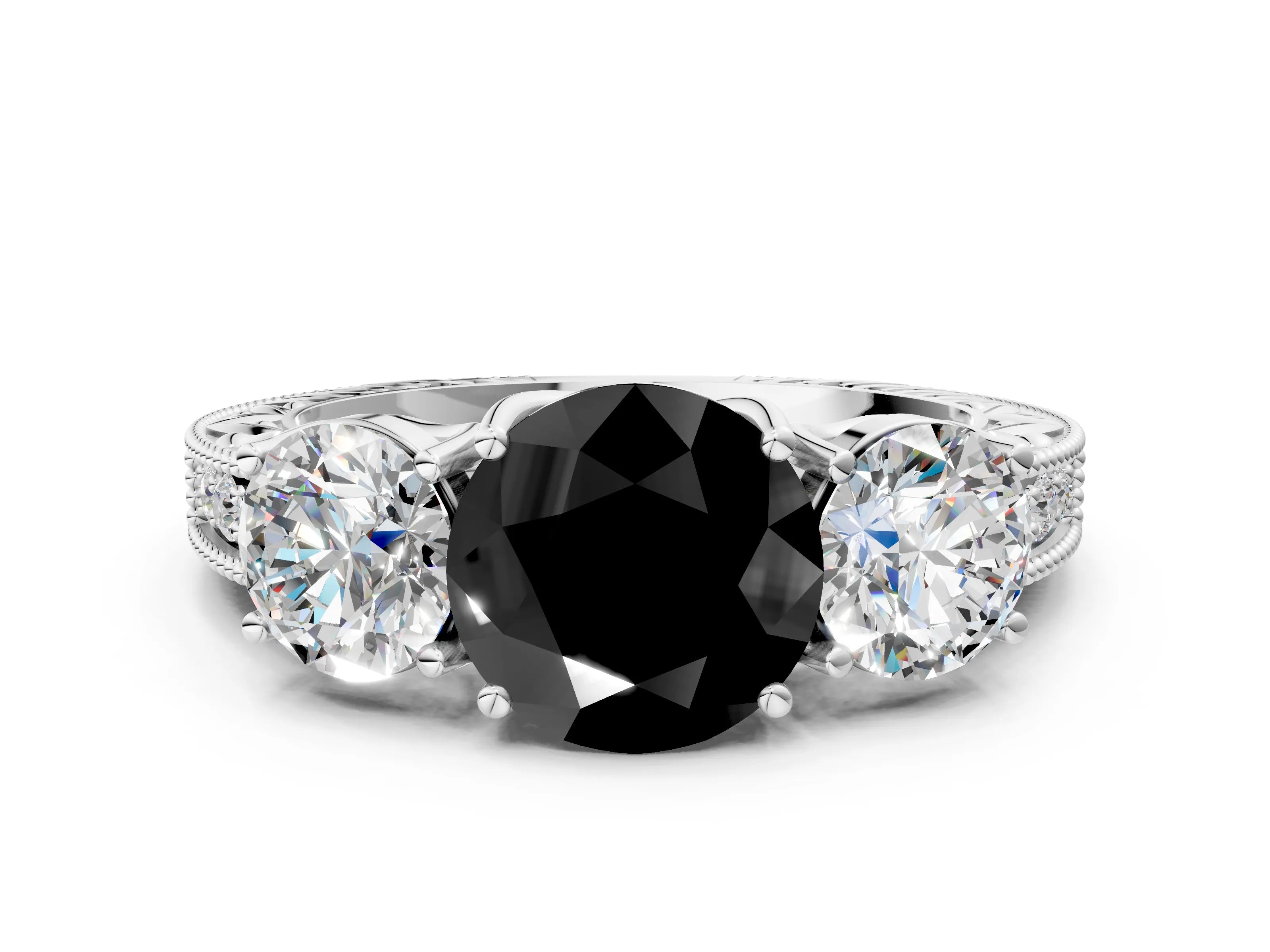 White gold Three-Stone Fancy Black Round Cut Cut Milgrain Pavé Engagement Ring