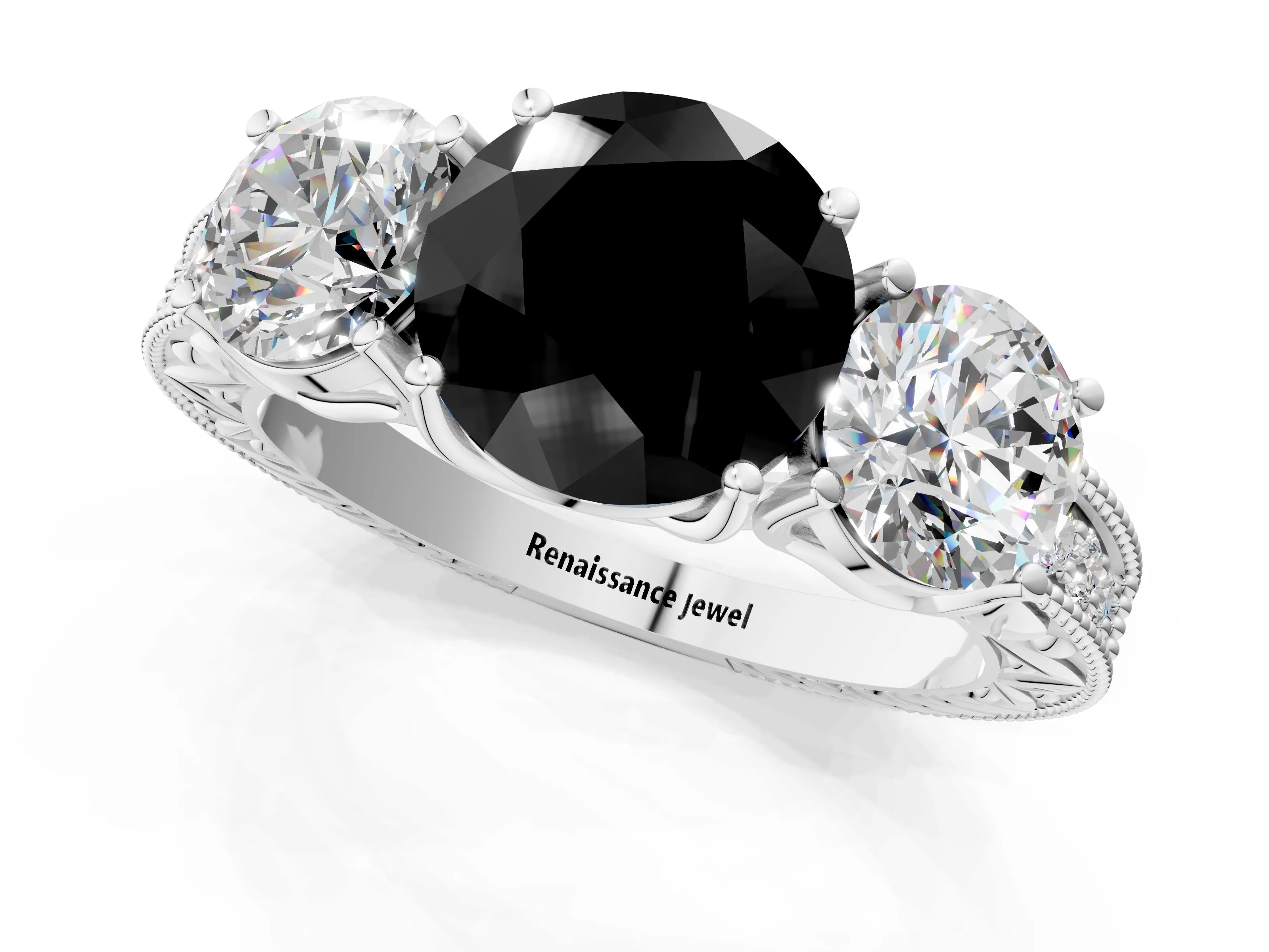 White gold Three-Stone Fancy Black Round Cut Cut Milgrain Pavé Engagement Ring_1