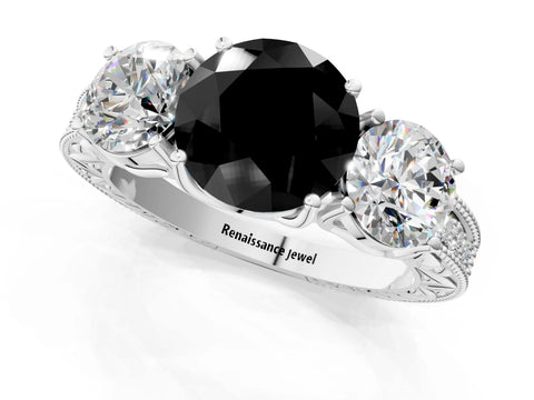 White gold Three-Stone Fancy Black Round Cut Cut Milgrain Pavé Engagement Ring_1