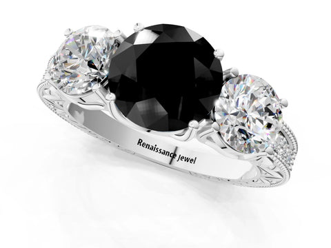 White gold Three-Stone Fancy Black Round Cut Cut Milgrain Pavé Engagement Ring_25