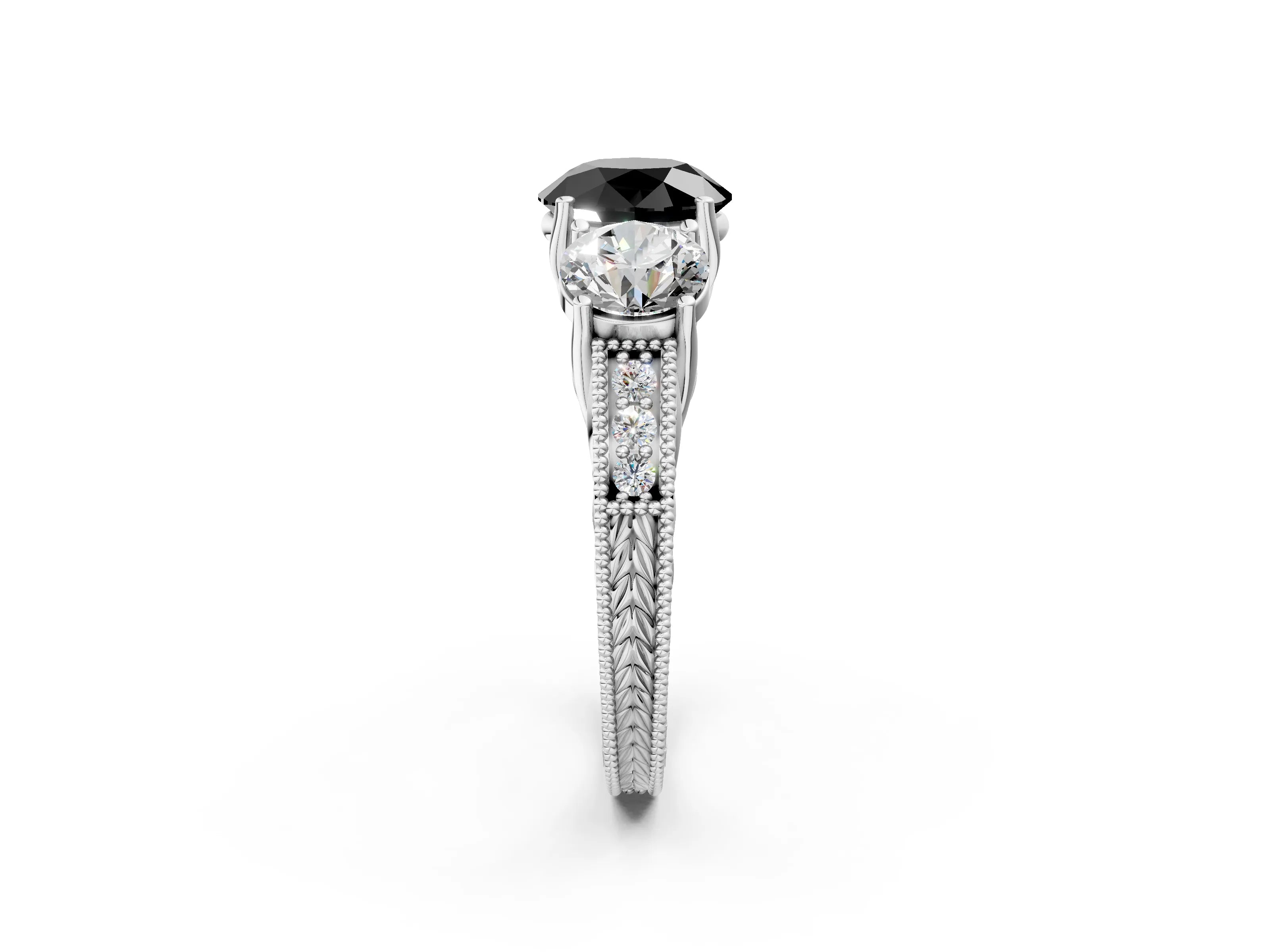White gold Three-Stone Fancy Black Round Cut Cut Milgrain Pavé Engagement Ring_2