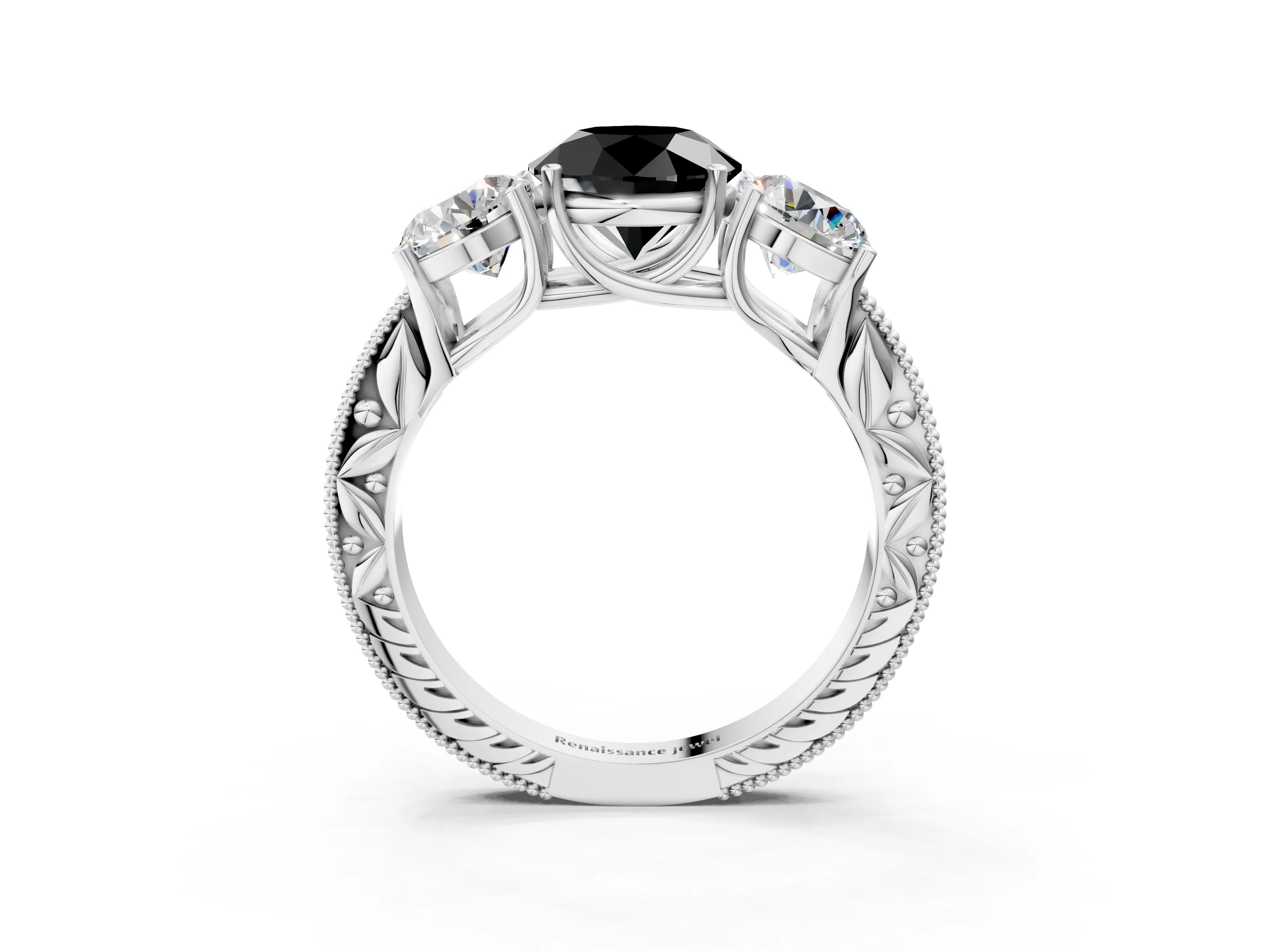 White gold Three-Stone Fancy Black Round Cut Cut Milgrain Pavé Engagement Ring_3