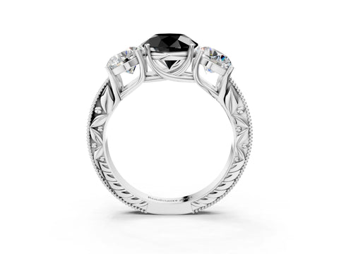 White gold Three-Stone Fancy Black Round Cut Cut Milgrain Pavé Engagement Ring_3