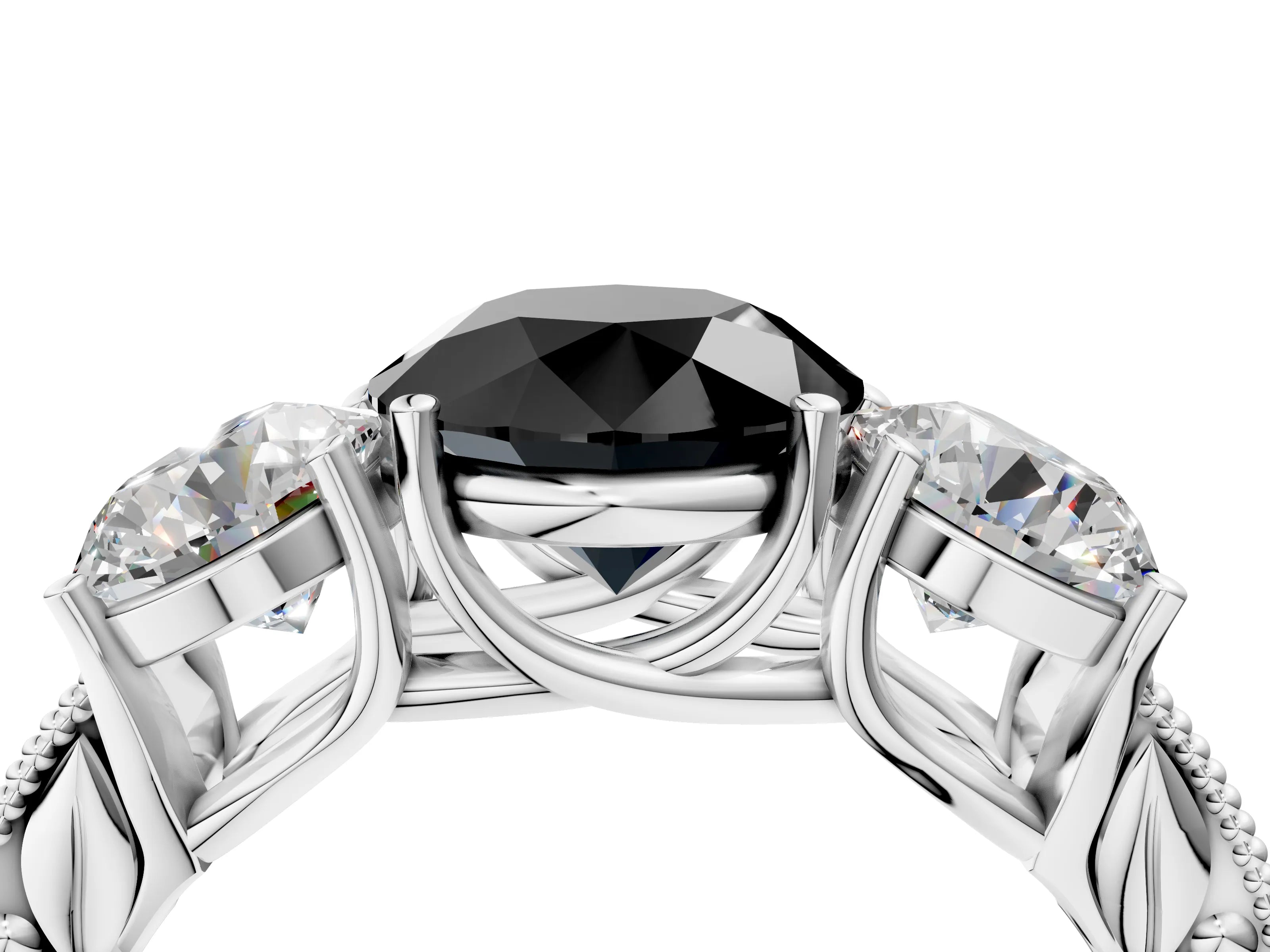 White gold Three-Stone Fancy Black Round Cut Cut Milgrain Pavé Engagement Ring_4