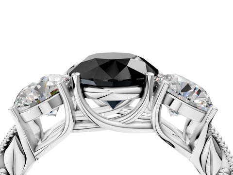 White gold Three-Stone Fancy Black Round Cut Cut Milgrain Pavé Engagement Ring_4