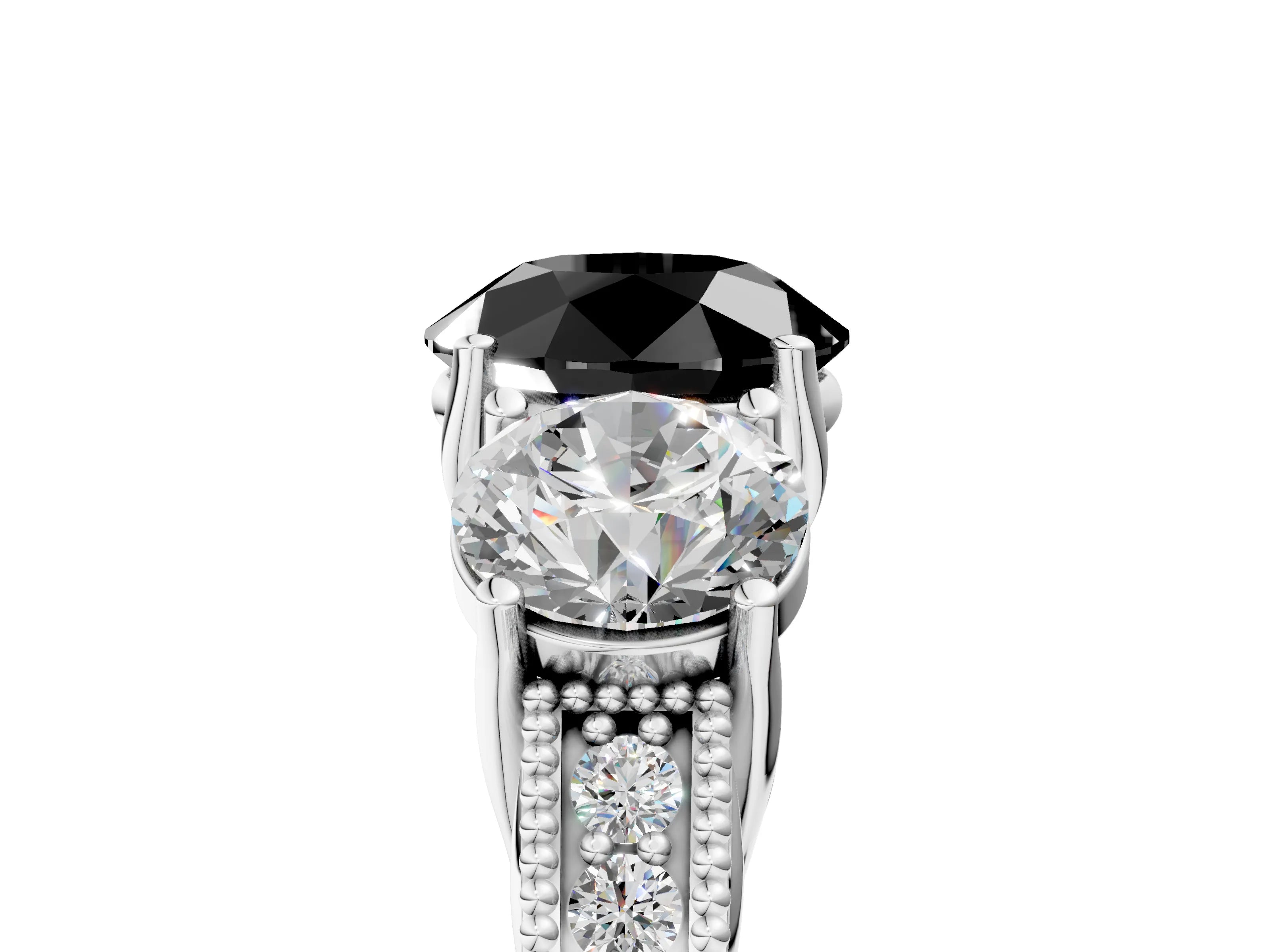 White gold Three-Stone Fancy Black Round Cut Cut Milgrain Pavé Engagement Ring_5