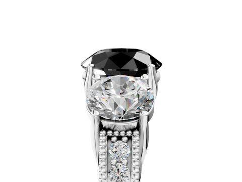 White gold Three-Stone Fancy Black Round Cut Cut Milgrain Pavé Engagement Ring_5