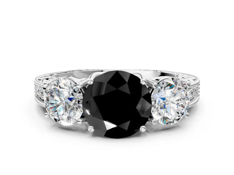 White gold Three-Stone Fancy Black Round Cut Cut Milgrain Pavé Engagement Ring