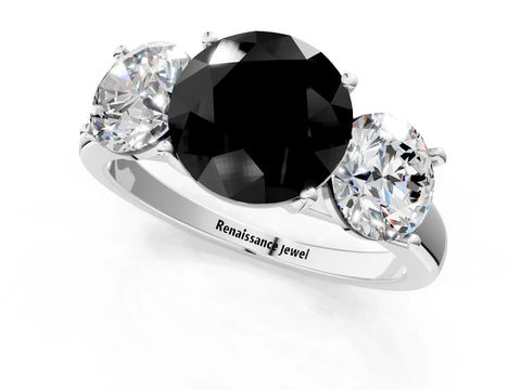 White gold Three-Stone Fancy Black Round Cut Cut Solitaire Ring with Classic Prong Setting_1