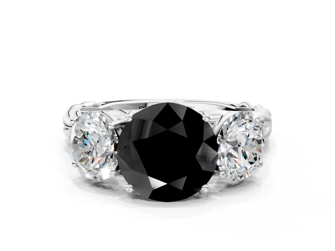 White gold Three-Stone Fancy Black Round Cut Diamond Braided Band Ring with Four-Prong Setting_24