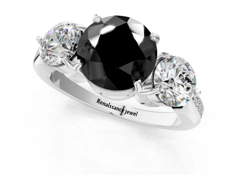 White gold Three-Stone Fancy Black Round Cut Diamond Channel Set Engagement Ring with Prong Setting_13