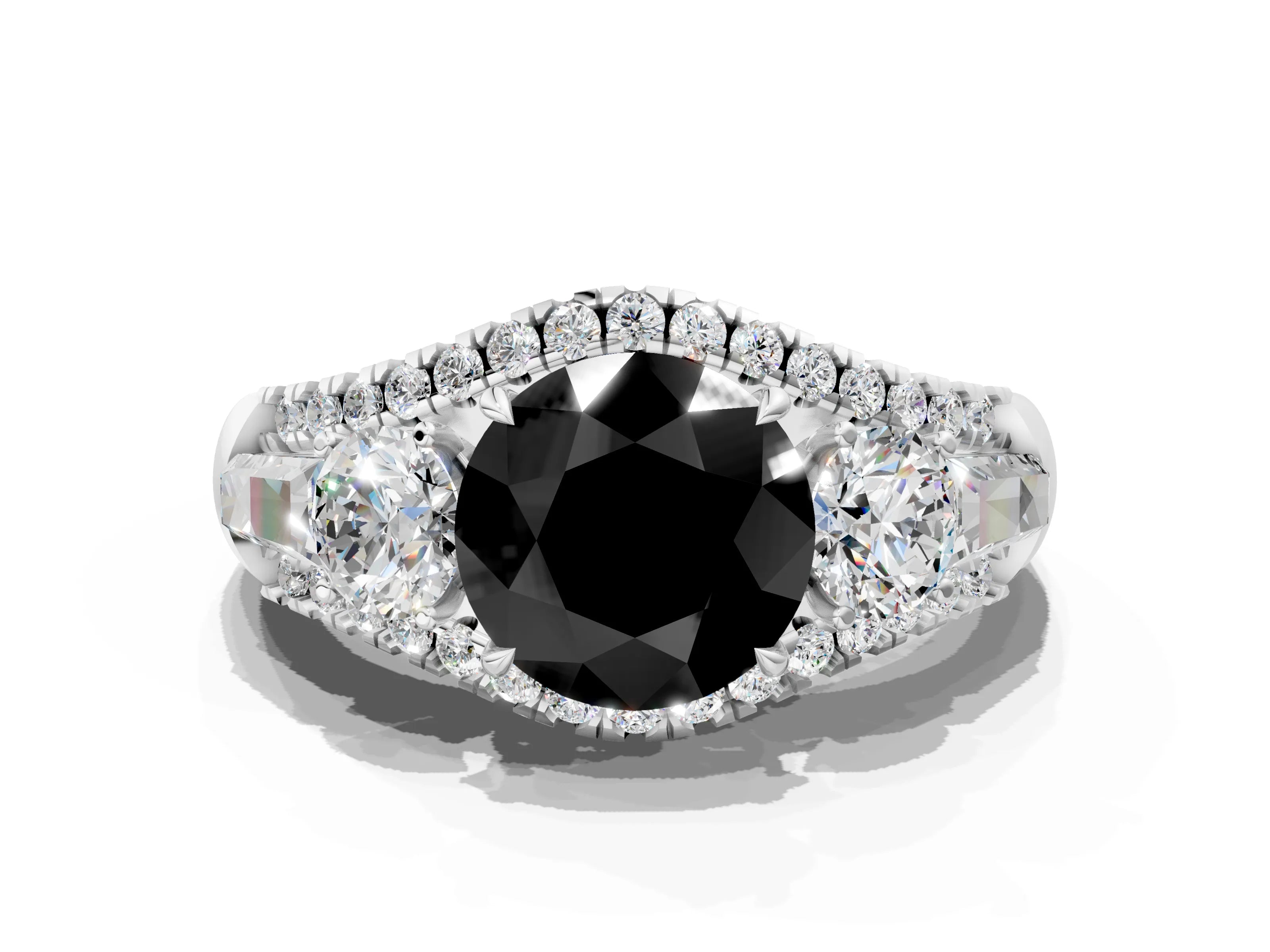 White gold Three-Stone Fancy Black Round Cut Diamond Engagement Ring with Pave Band and Prong Setting