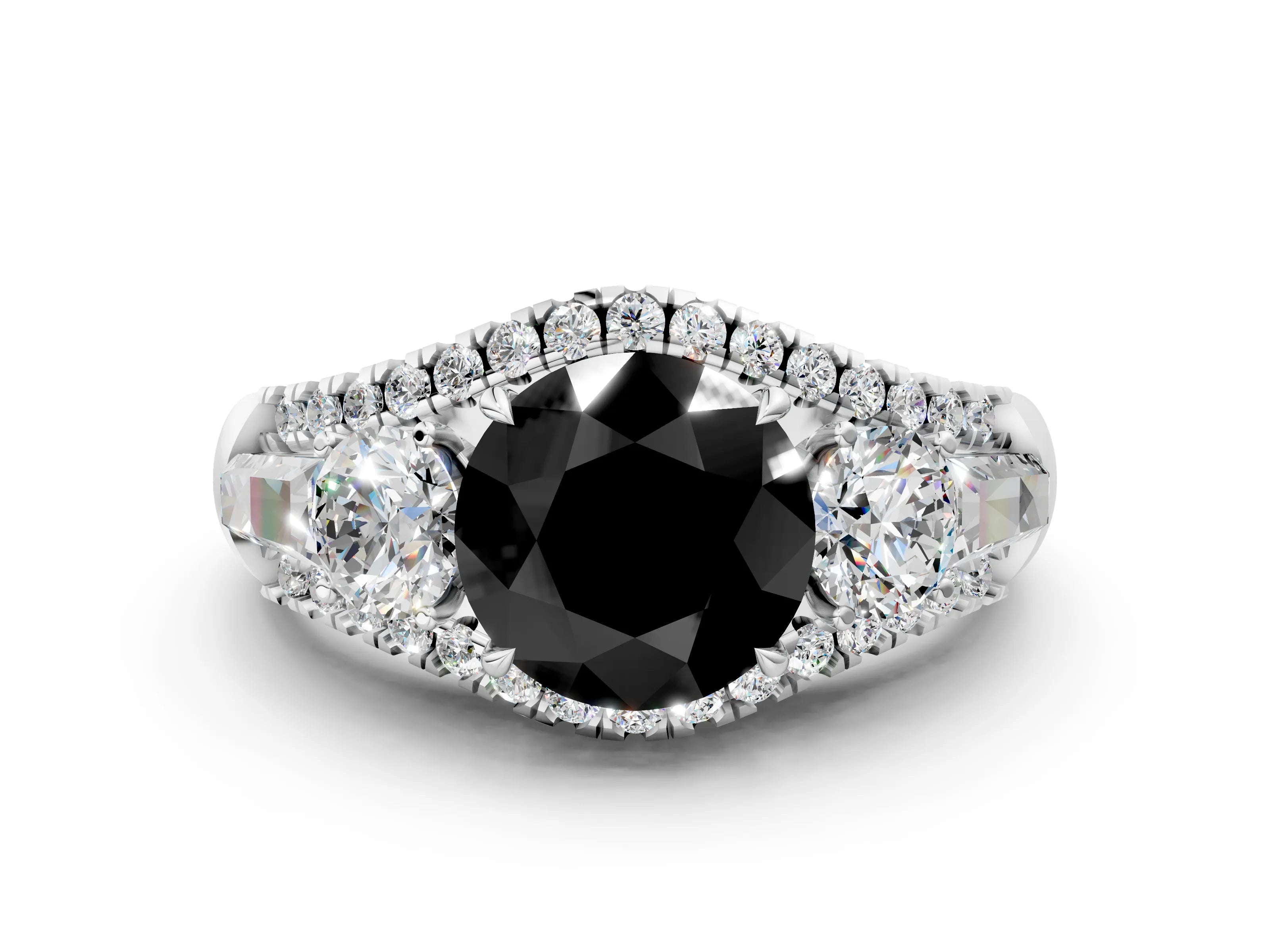 White gold Three-Stone Fancy Black Round Cut Diamond Engagement Ring with Pave Band and Prong Setting_12