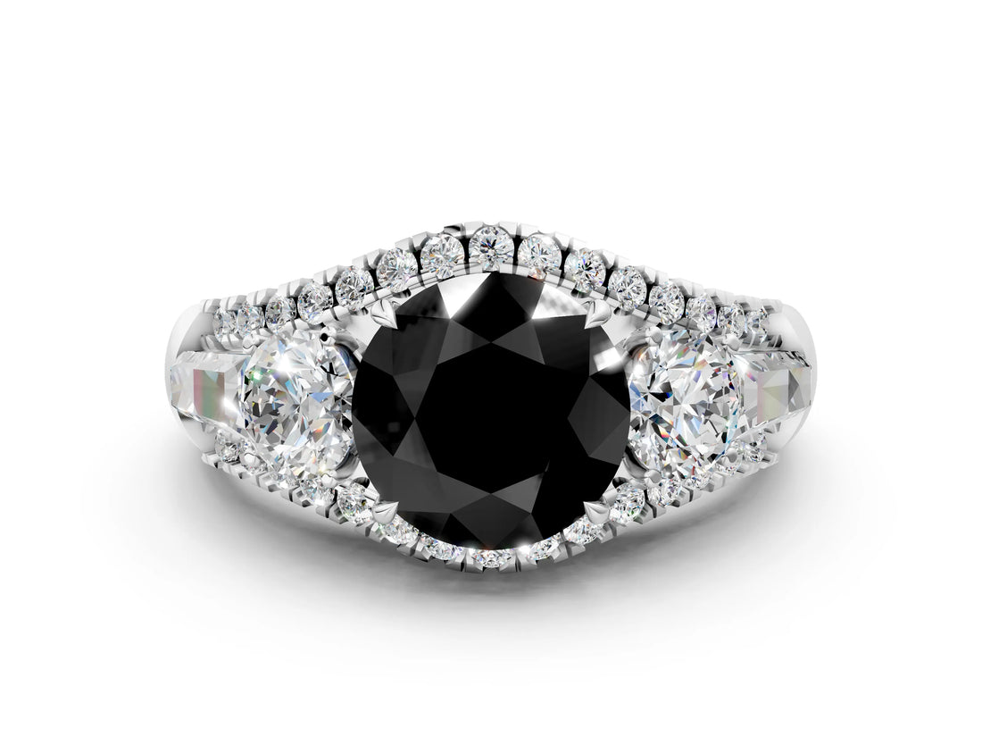 White gold Three-Stone Fancy Black Round Cut Diamond Engagement Ring with Pave Band and Prong Setting_12