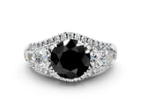 White gold Three-Stone Fancy Black Round Cut Diamond Engagement Ring with Pave Band and Prong Setting_12