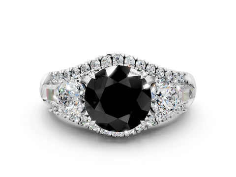 White gold Three-Stone Fancy Black Round Cut Diamond Engagement Ring with Pave Band and Prong Setting_12