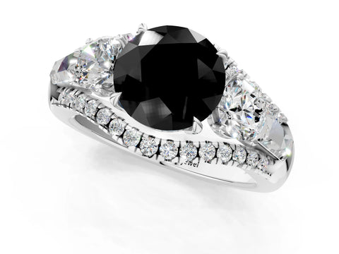 White gold Three-Stone Fancy Black Round Cut Diamond Engagement Ring with Pave Band and Prong Setting_13
