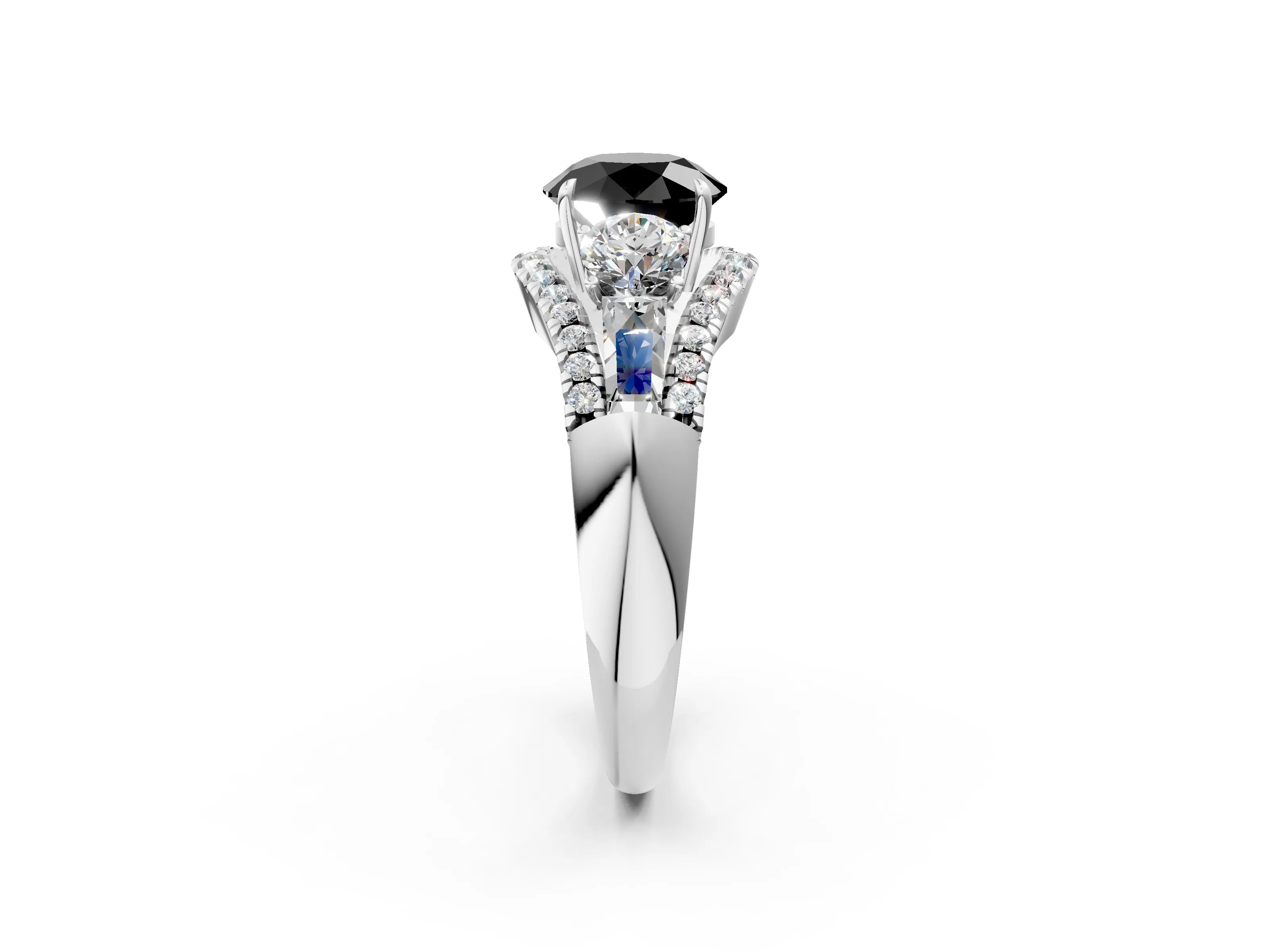 White gold Three-Stone Fancy Black Round Cut Diamond Engagement Ring with Pave Band and Prong Setting_14