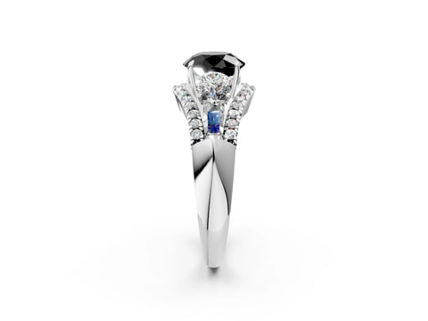 White gold Three-Stone Fancy Black Round Cut Diamond Engagement Ring with Pave Band and Prong Setting_14