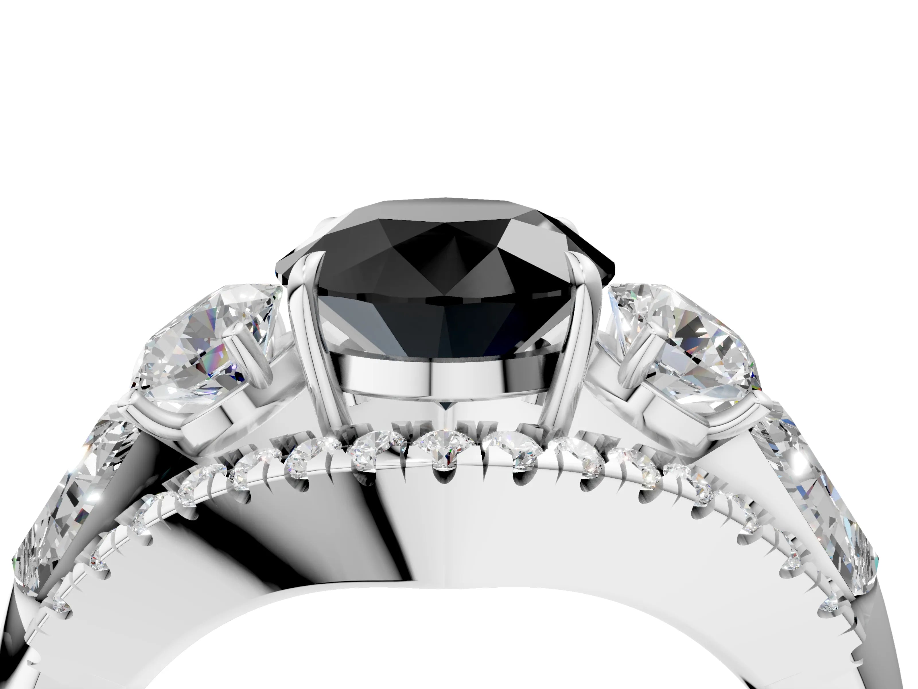 White gold Three-Stone Fancy Black Round Cut Diamond Engagement Ring with Pave Band and Prong Setting_16